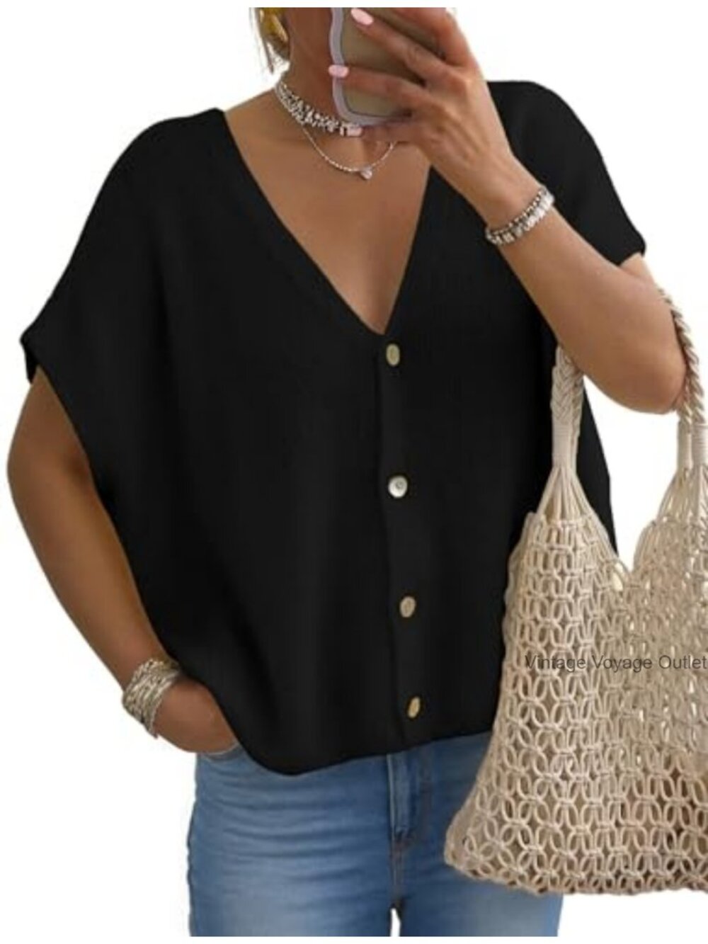 V-Neck Button Cardigan Sweater Short Sleeve Batwing Knit Crop Lightweight
